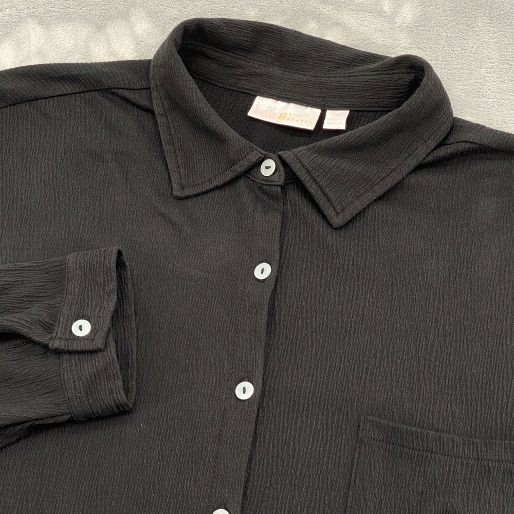 Belle by Kim Gravel Black Textured Crepe Gauzy Button Down Blouse Shirt 2X